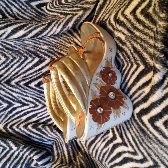 Canvas wedge heel sandals Brown leather rhinestone detail - Picture 3 of 6